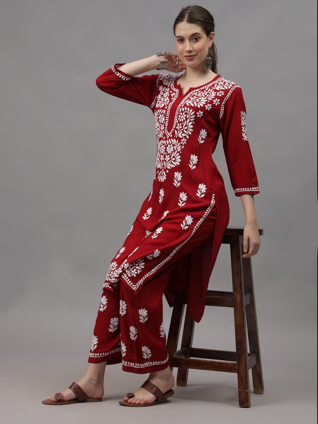 Red-Rayon-Embroidered-Chikankari-2-Piece-Kurta-Set