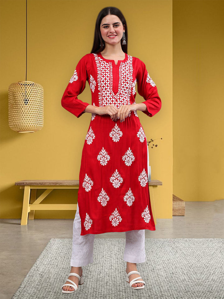 Red-Rayon-Embroidered-Chikankari-Kurti