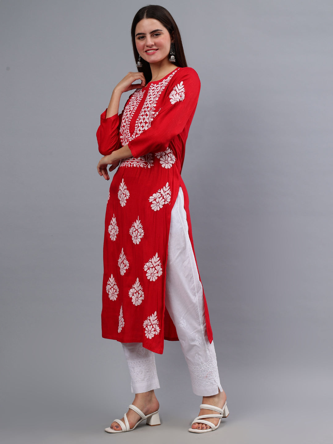 Red-Rayon-Embroidered-Chikankari-Kurti