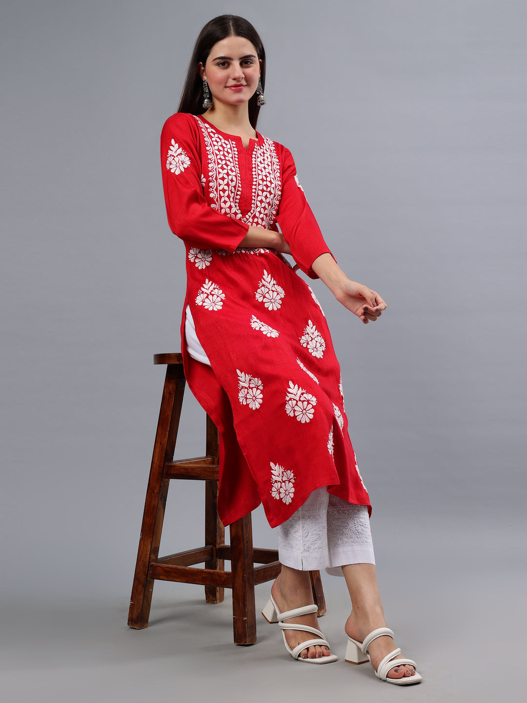 Red Rayon Embroidered Chikankari Kurti