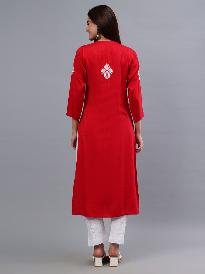 Red Rayon Embroidered Chikankari Kurti