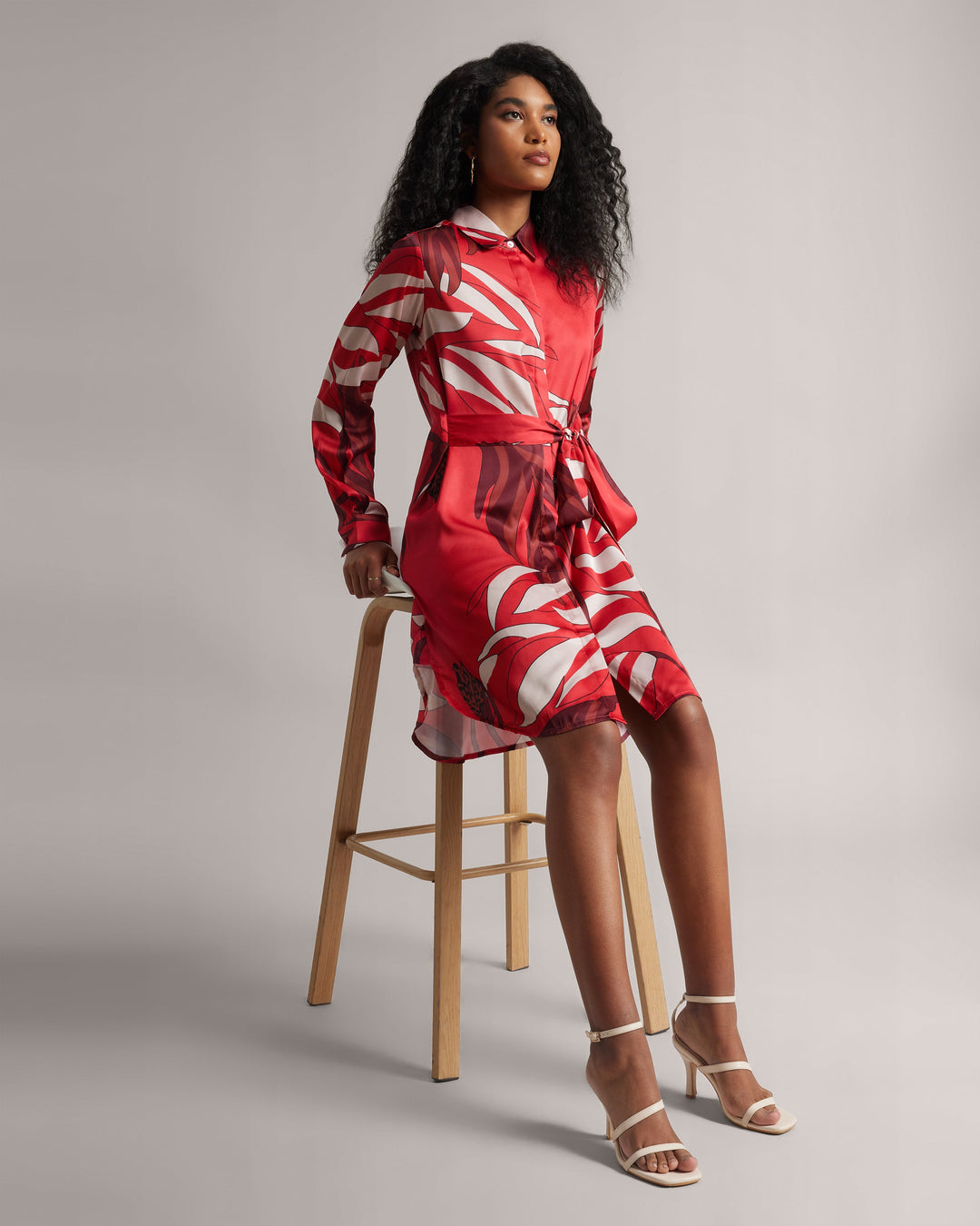 Red Satin Botanic Print Full Sleeves Mini Shirt Dress