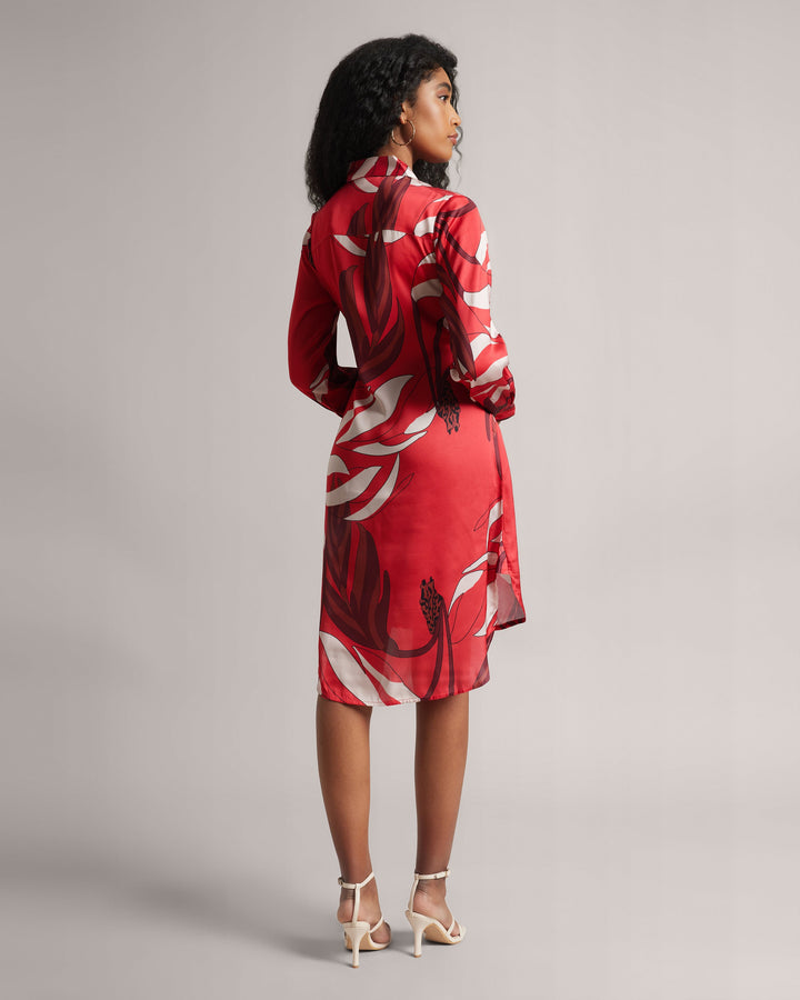 Red Satin Botanic Print Full Sleeves Mini Shirt Dress