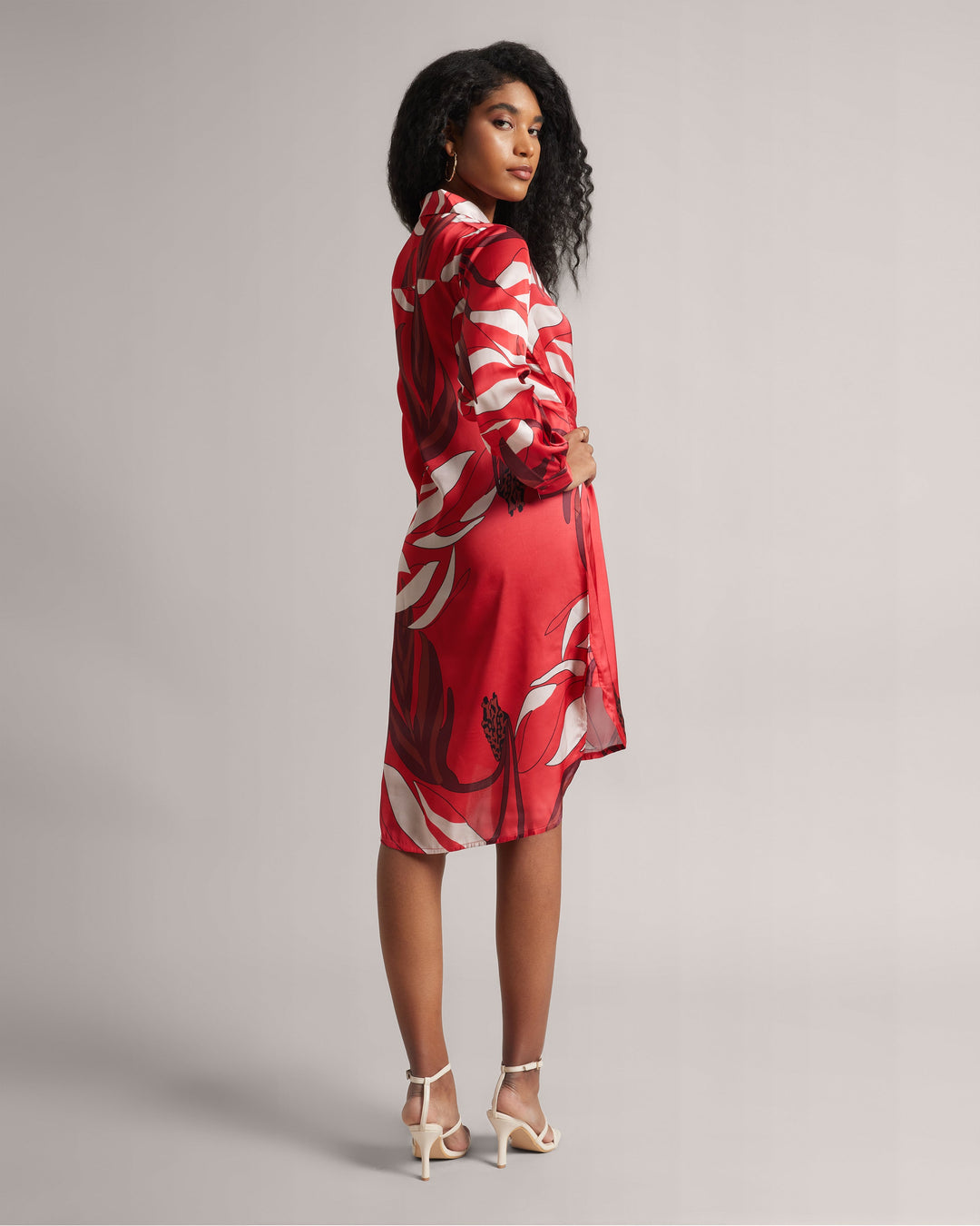 Red Satin Botanic Print Full Sleeves Mini Shirt Dress