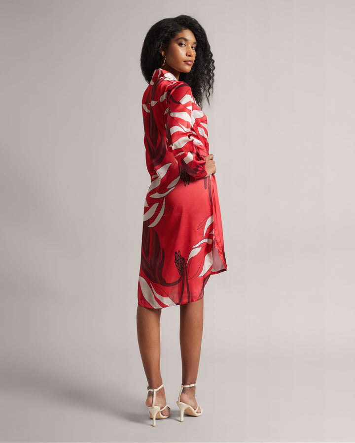 Red Satin Botanic Print Full Sleeves Mini Shirt Dress