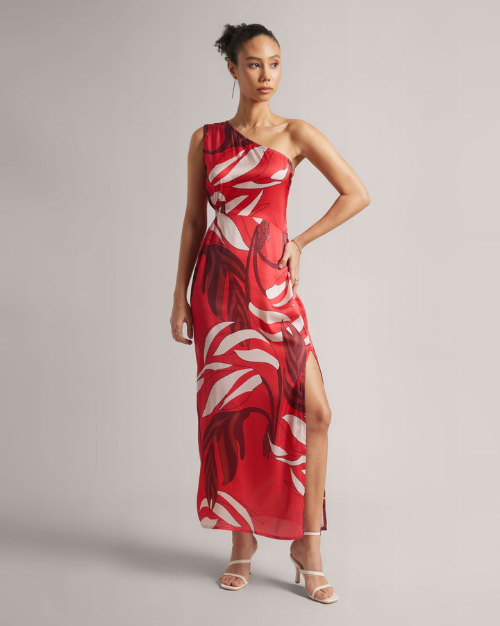 Red Satin Botanic Print One-Shoulder Maxi Dress with Front Slit