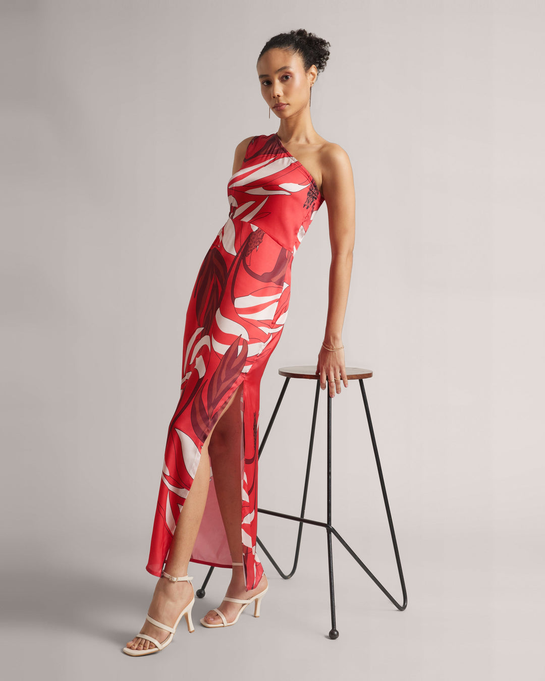 Red Satin Botanic Print One-Shoulder Maxi Dress with Front Slit