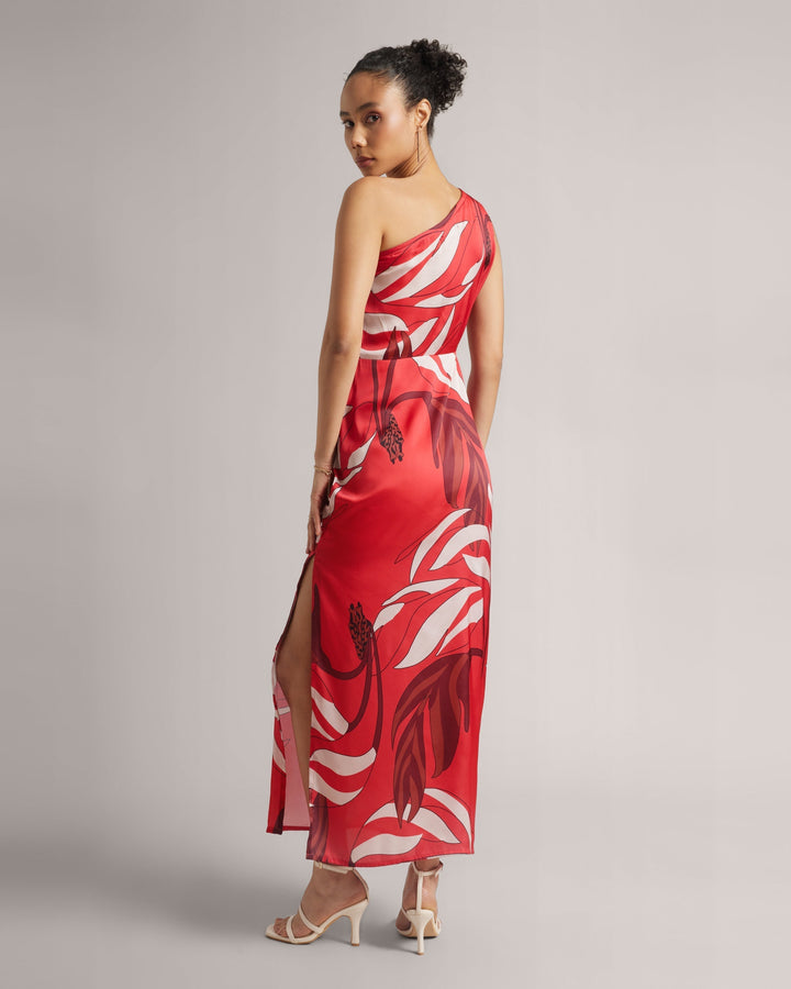 Red Satin Botanic Print One-Shoulder Maxi Dress with Front Slit