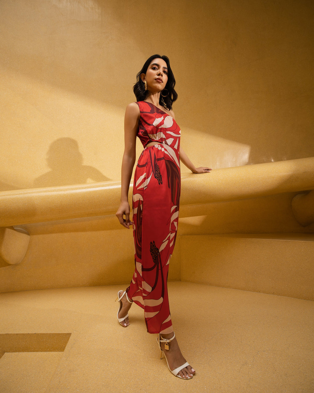 Red Satin Botanic Print One-Shoulder Maxi Dress with Front Slit