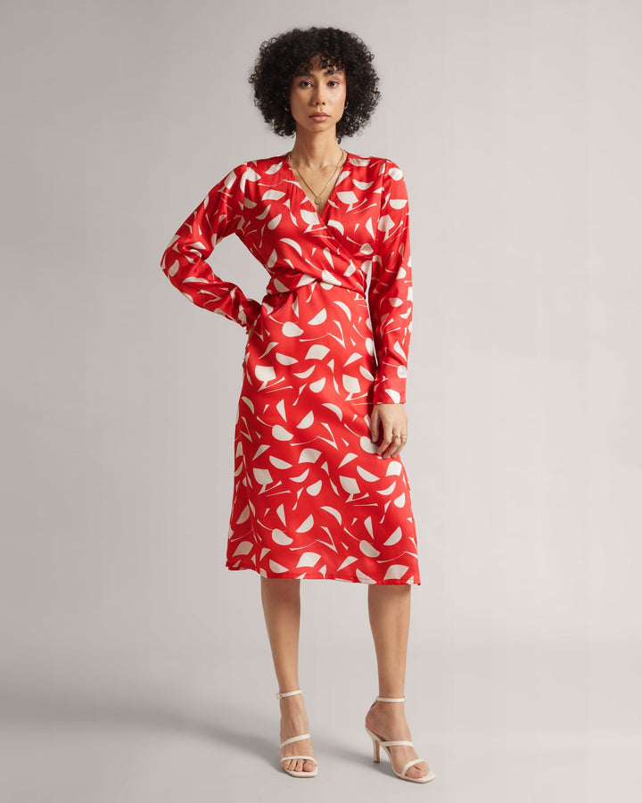 Red Satin Full Sleeves Midi Dress with Side Slit