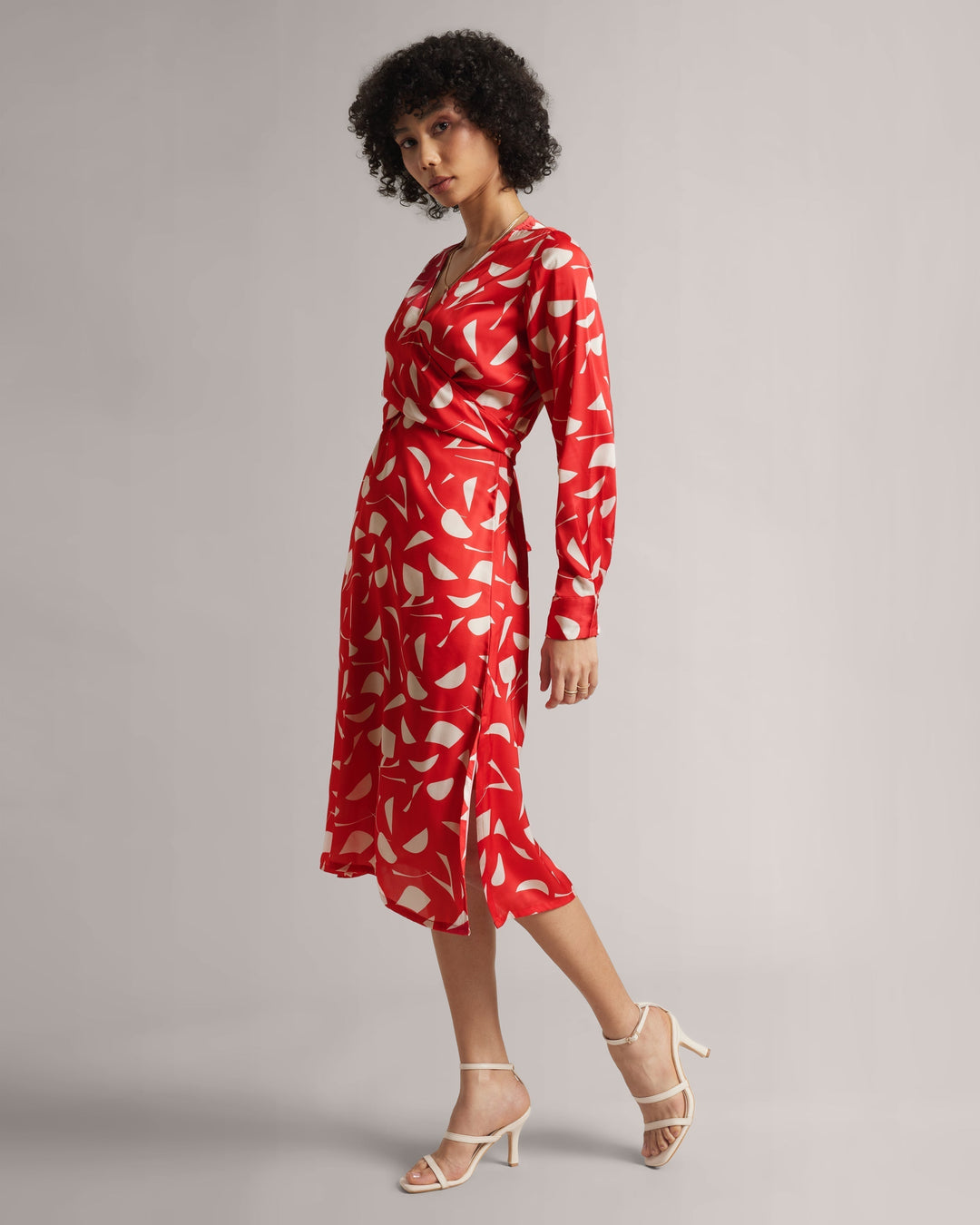 Red Satin Full Sleeves Midi Dress with Side Slit