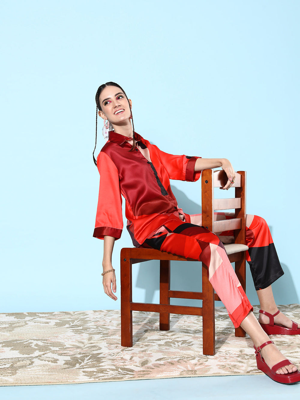 Red-Satin-Shirt-And-Trousers-Co-Ord-Set