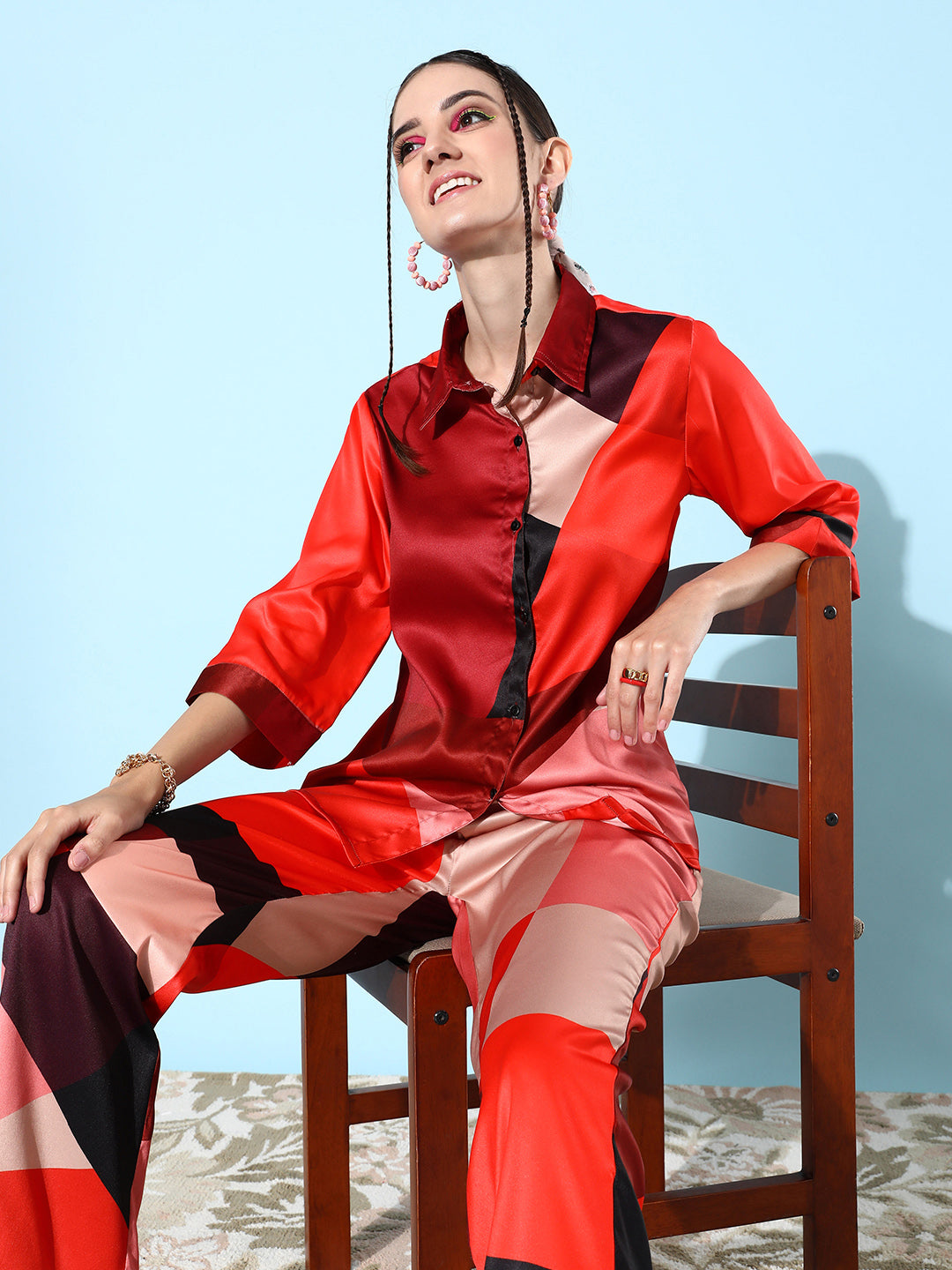 Red-Satin-Shirt-And-Trousers-Co-Ord-Set
