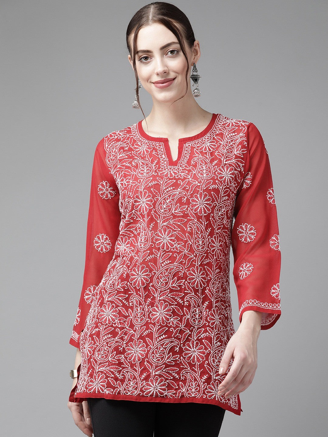 Red-Straight-Chikan-Kurti-Only