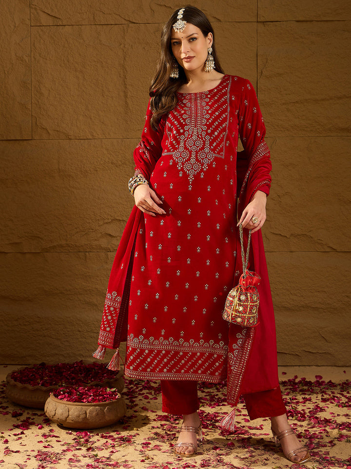 Red Velvet Ethnic Motifs Printed Straight 3-Piece Suit Set