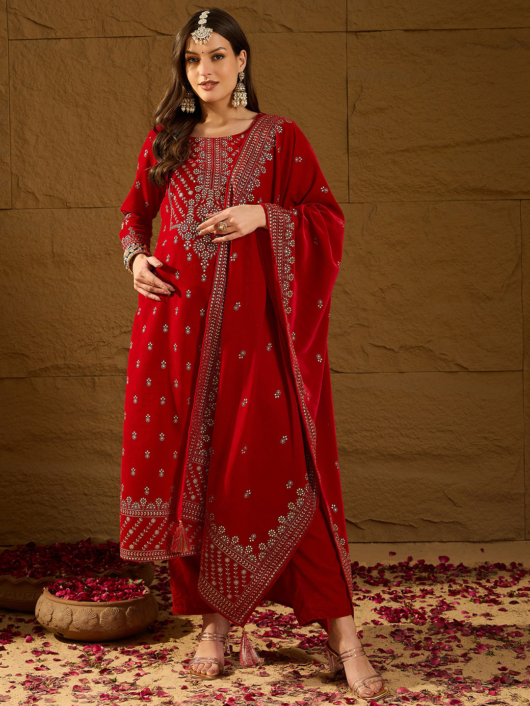 Red Velvet Ethnic Motifs Printed Straight 3-Piece Suit Set