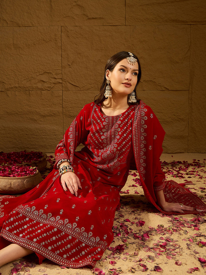 Red Velvet Ethnic Motifs Printed Straight 3-Piece Suit Set