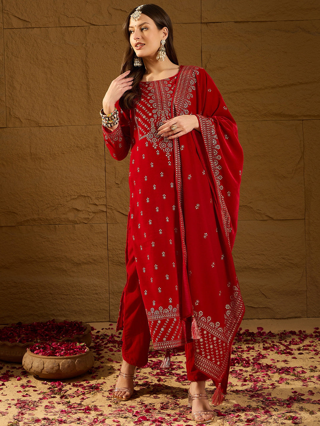 Red Velvet Ethnic Motifs Printed Straight 3-Piece Suit Set