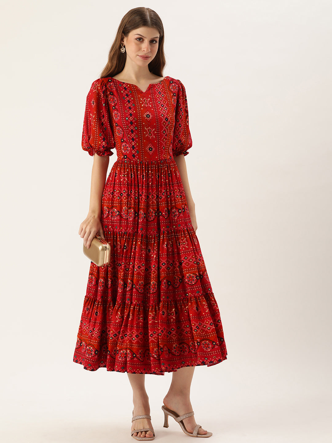 Red-Viscose-Boat-Neck-Printed-Dress