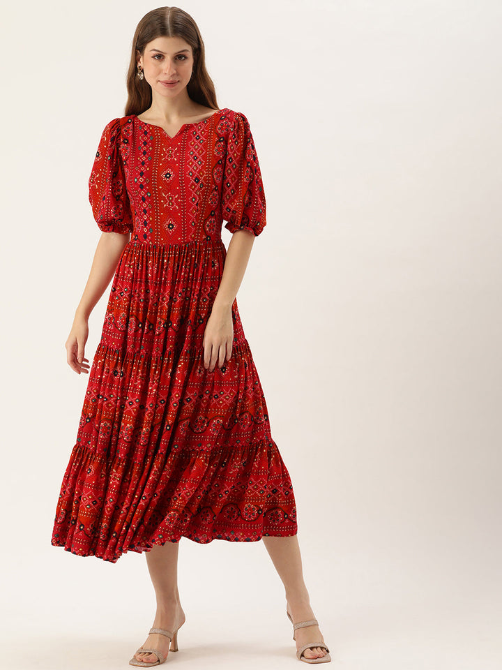 Red-Viscose-Boat-Neck-Printed-Dress