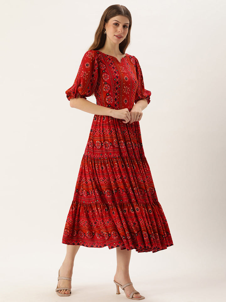 Red-Viscose-Boat-Neck-Printed-Dress