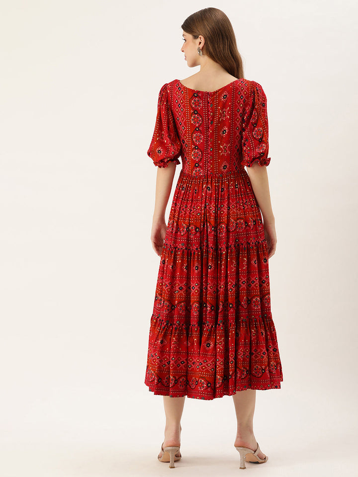 Red-Viscose-Boat-Neck-Printed-Dress