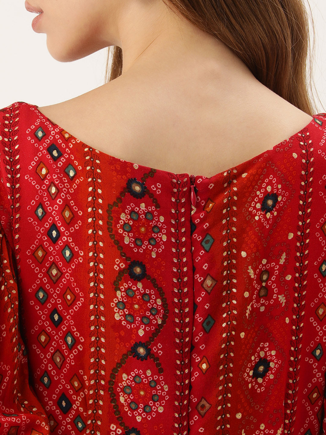 Red-Viscose-Boat-Neck-Printed-Dress