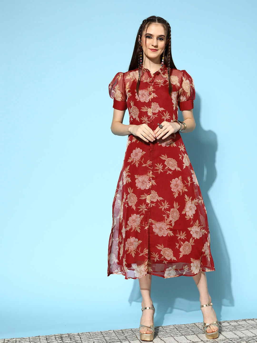 Red-Viscose-Rayon-Floral-Printed-Midi-Dress