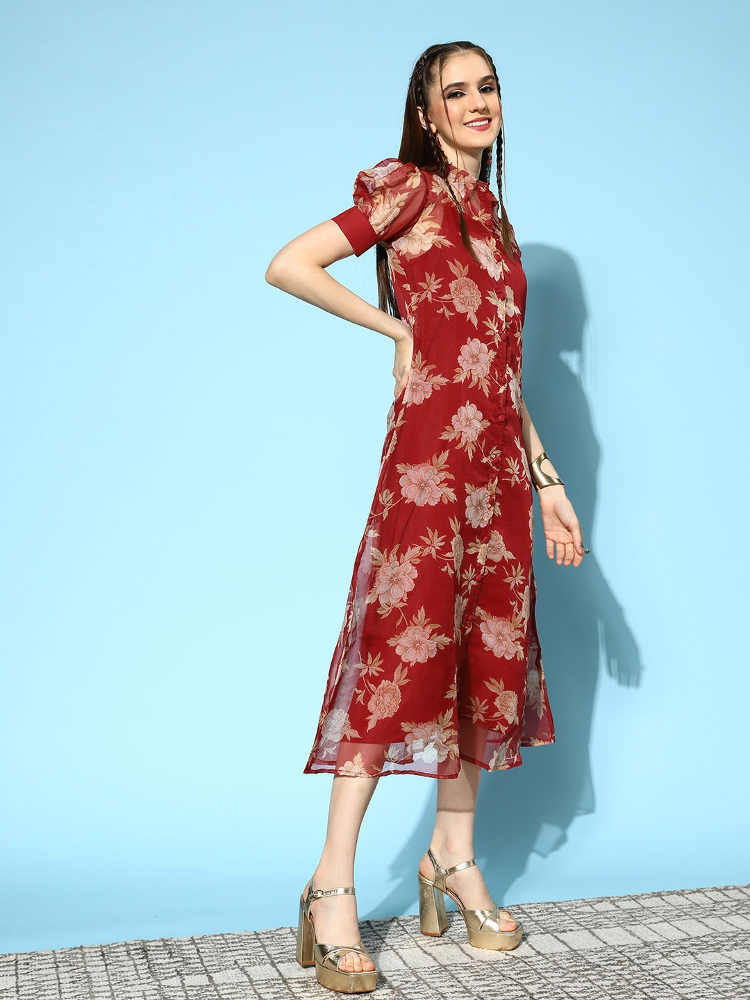 Red-Viscose-Rayon-Floral-Printed-Midi-Dress