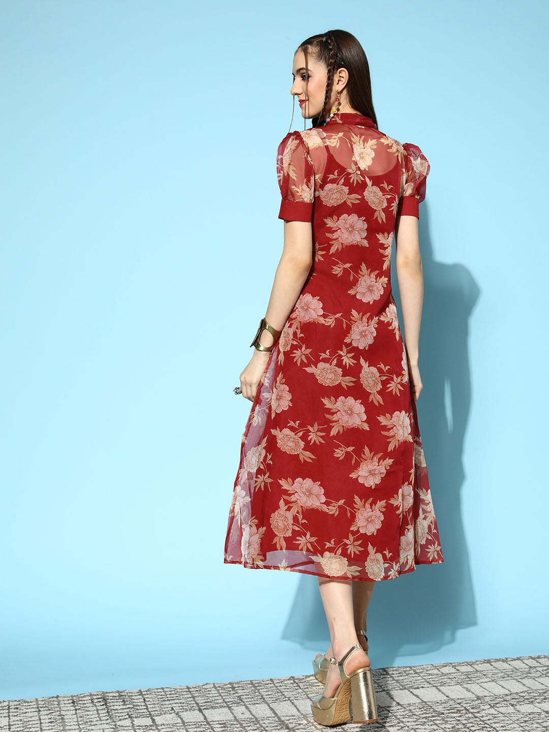 Red-Viscose-Rayon-Floral-Printed-Midi-Dress