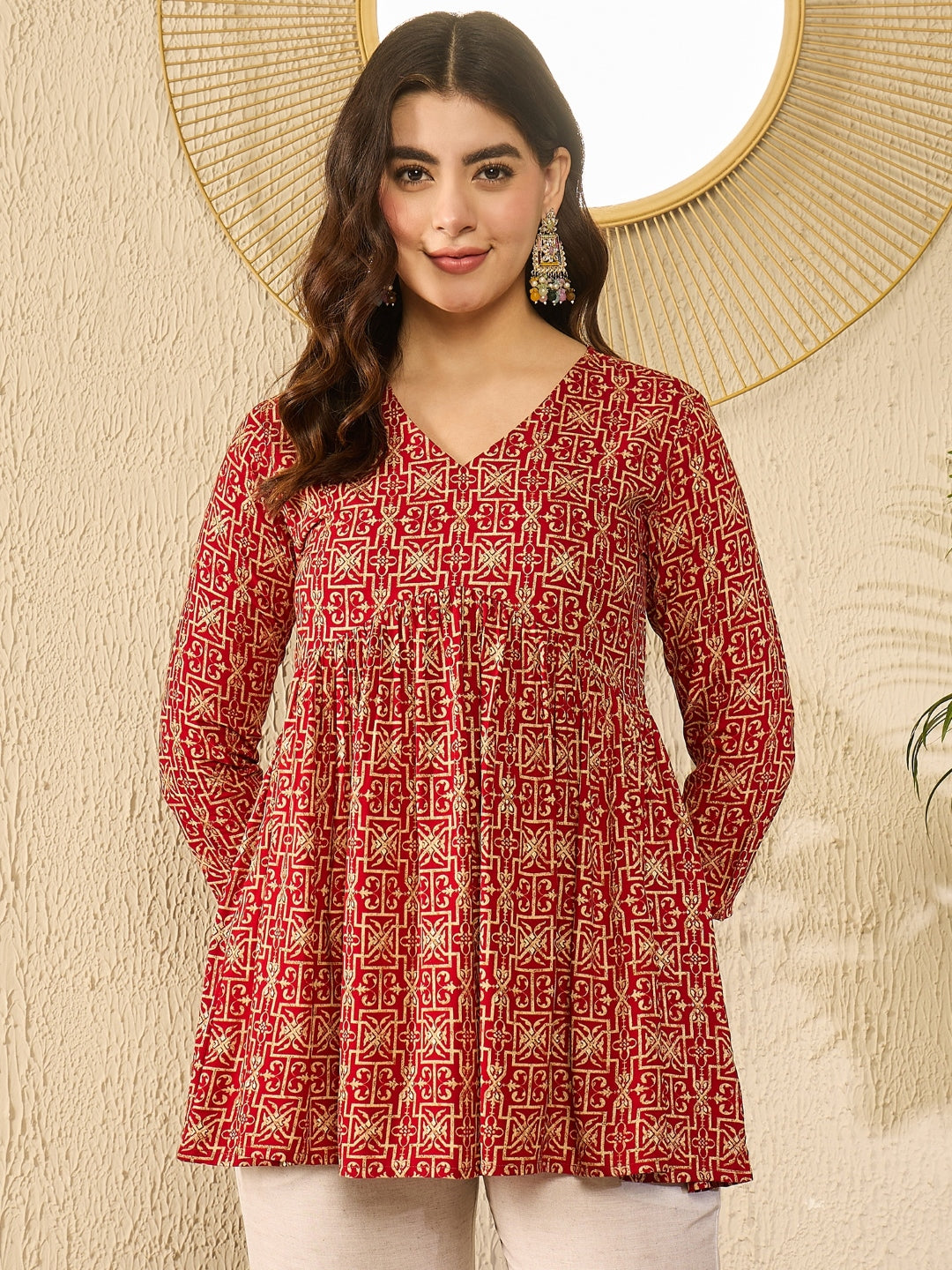 Red Viscose Rayon Gathered Peplum Tunic Top