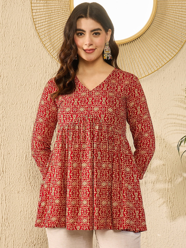 Red Viscose Rayon Gathered Peplum Tunic Top