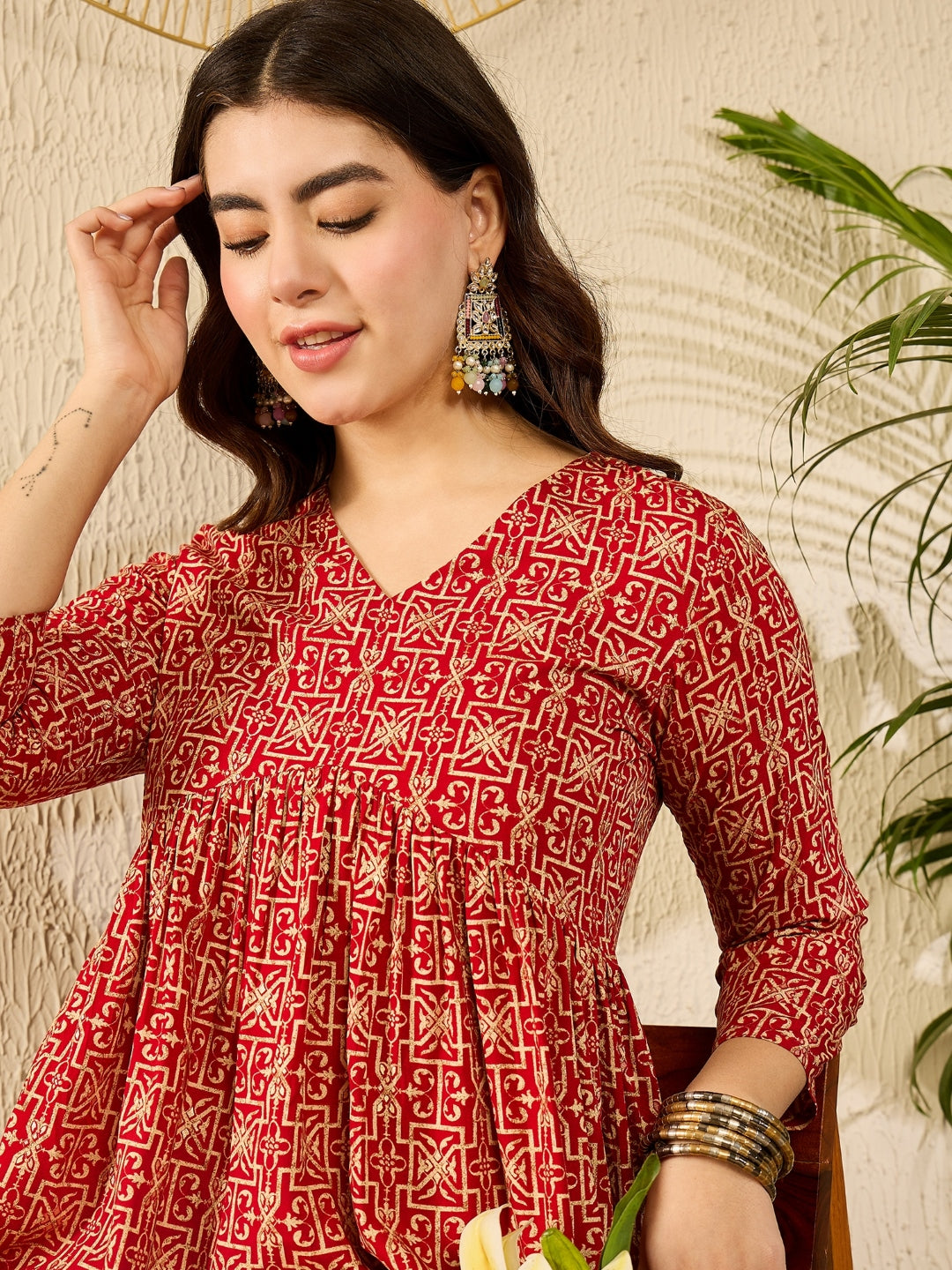 Red Viscose Rayon Gathered Peplum Tunic Top