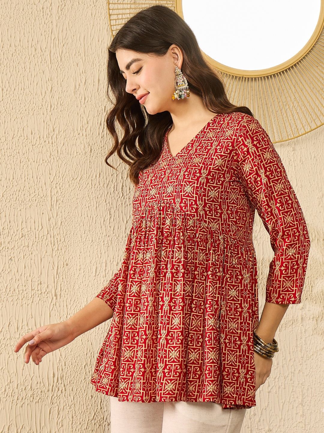 Red Viscose Rayon Gathered Peplum Tunic Top