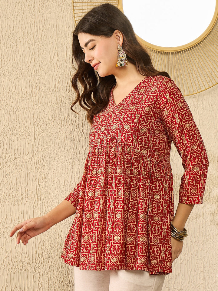 Red Viscose Rayon Gathered Peplum Tunic Top