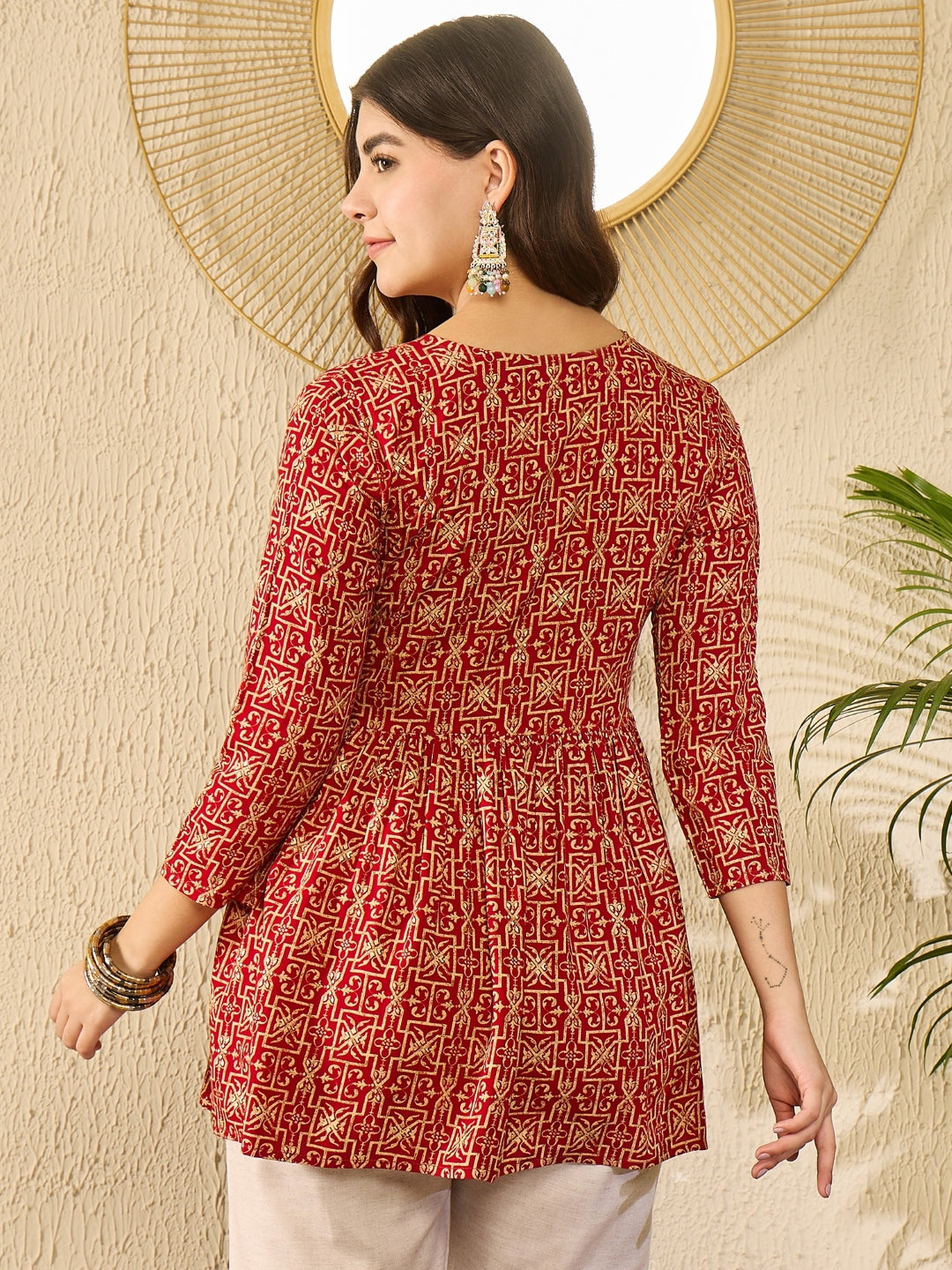 Red Viscose Rayon Gathered Peplum Tunic Top