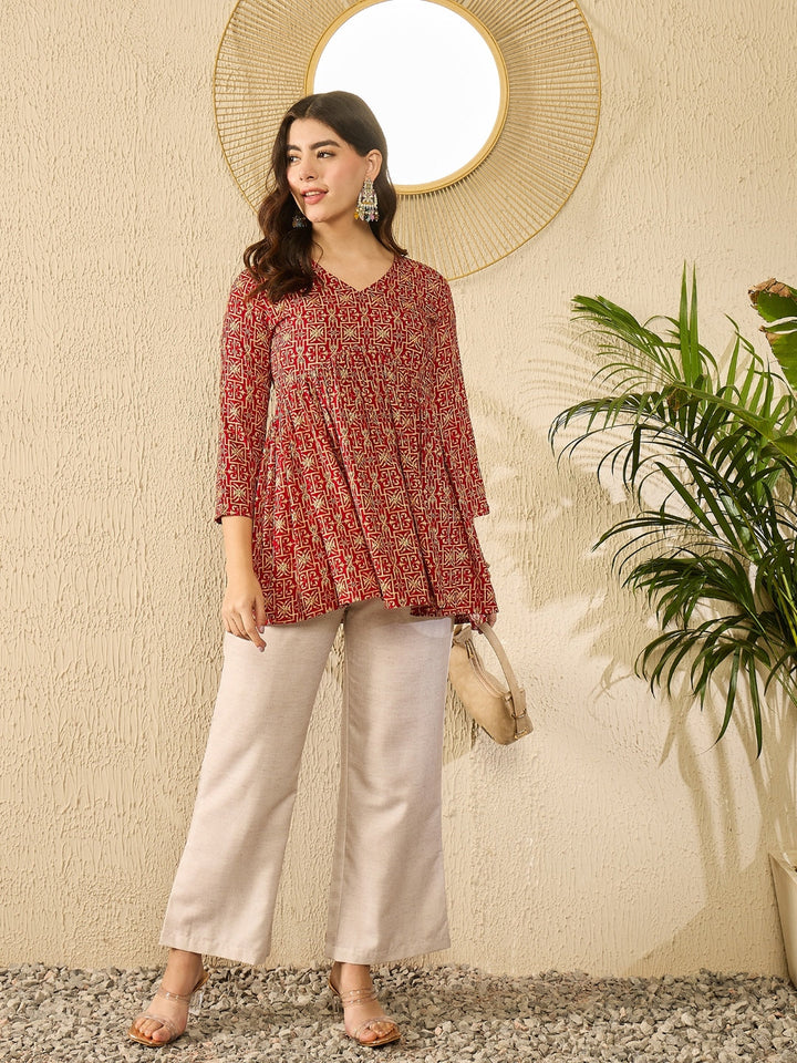 Red Viscose Rayon Gathered Peplum Tunic Top