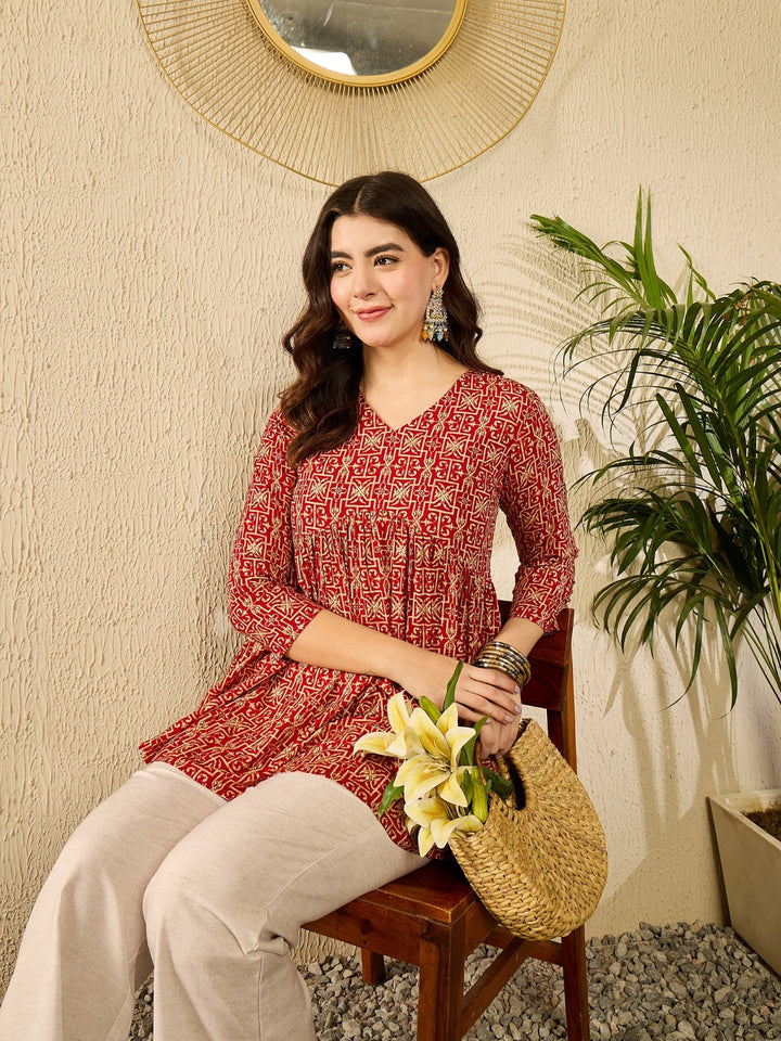 Red Viscose Rayon Gathered Peplum Tunic Top