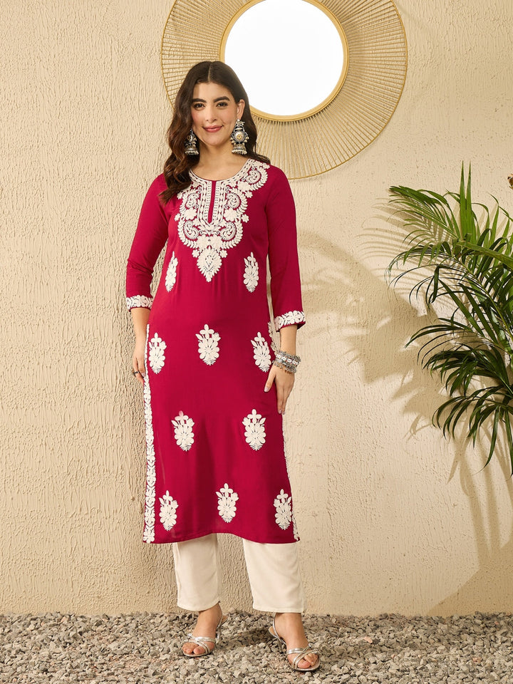 Red Viscose Rayon Solid Embroidered Straight Kurta