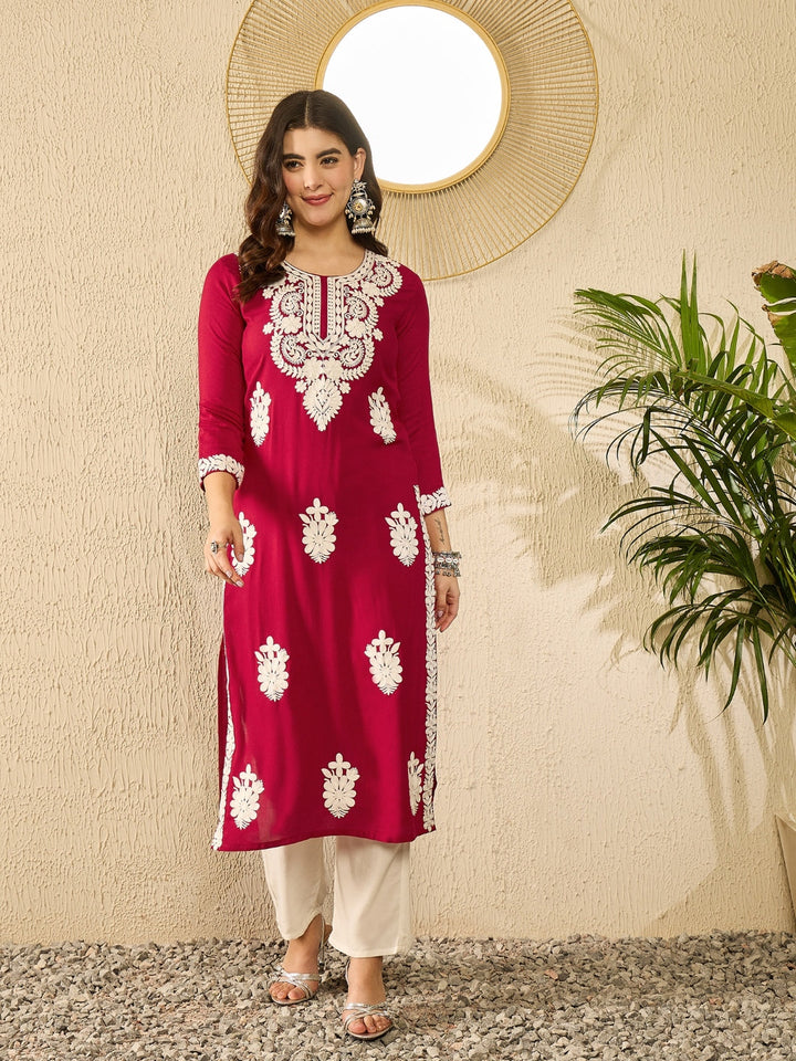 Red Viscose Rayon Solid Embroidered Straight Kurta