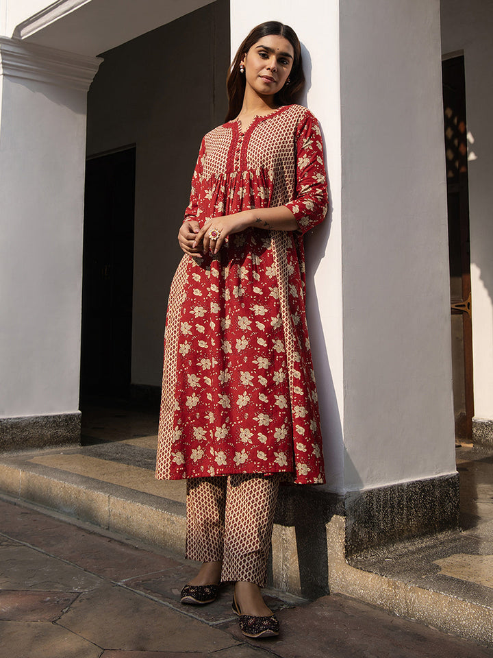 Red-&-Beige-Cambric-A-Line-2-Piece-Kurta-Set