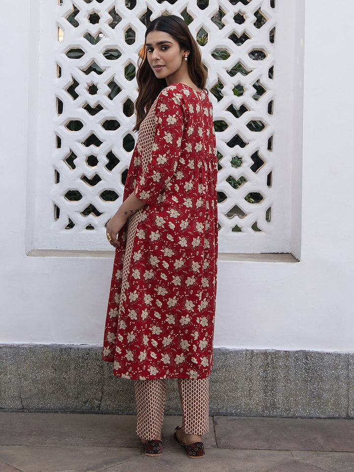 Red-&-Beige-Cambric-A-Line-2-Piece-Kurta-Set