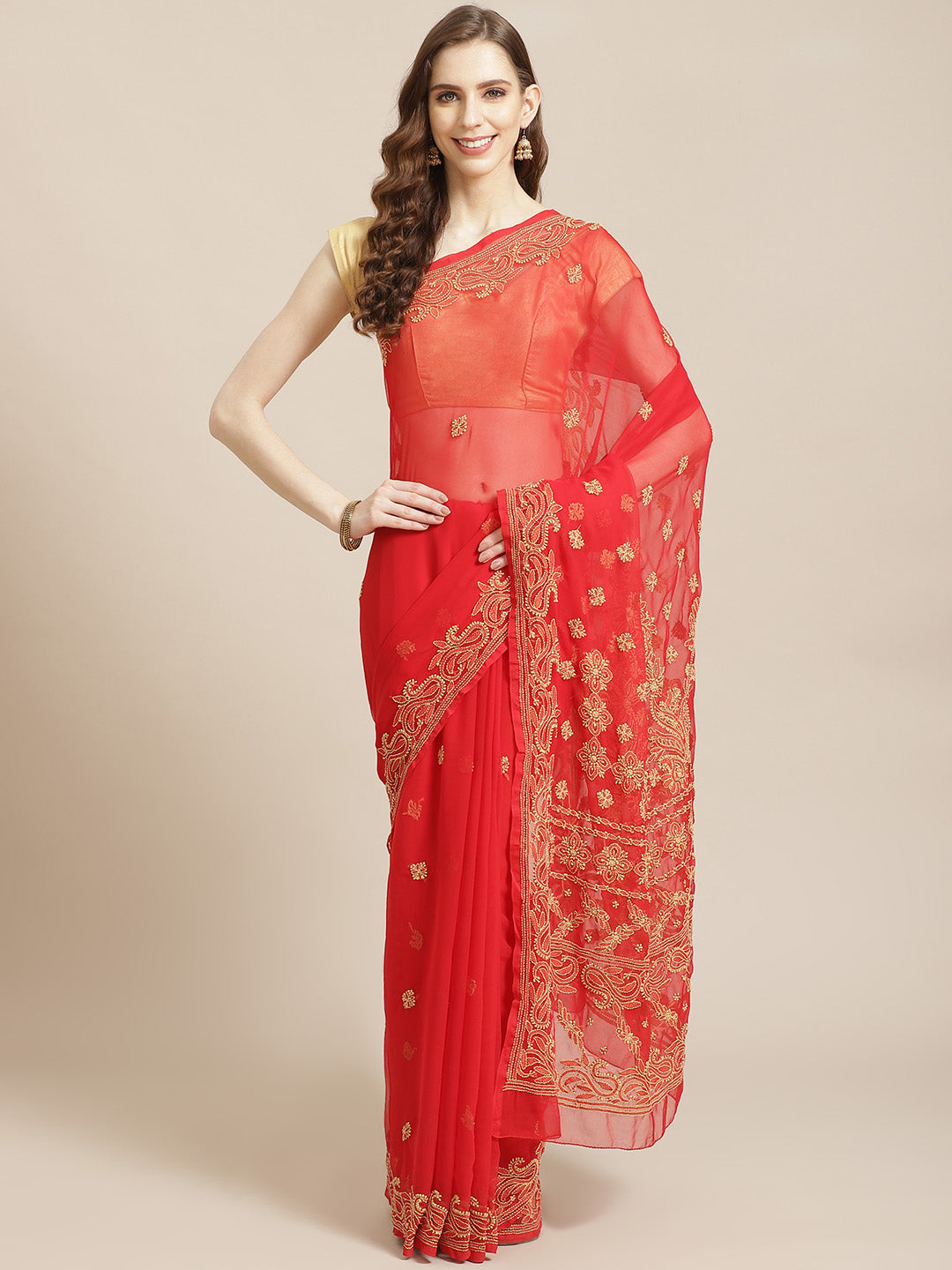 Red-&-Beige-Georgette-Hand-Embroidered-Chikankari-Saree