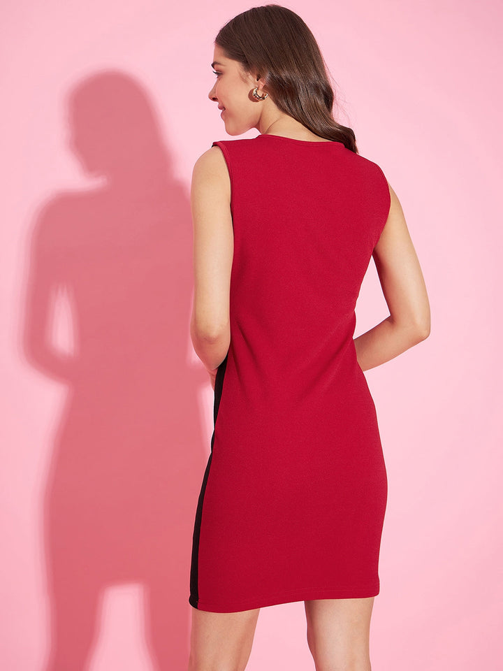 Red-&-Black-Polyester-Lycra-Color-Blocking-Dress