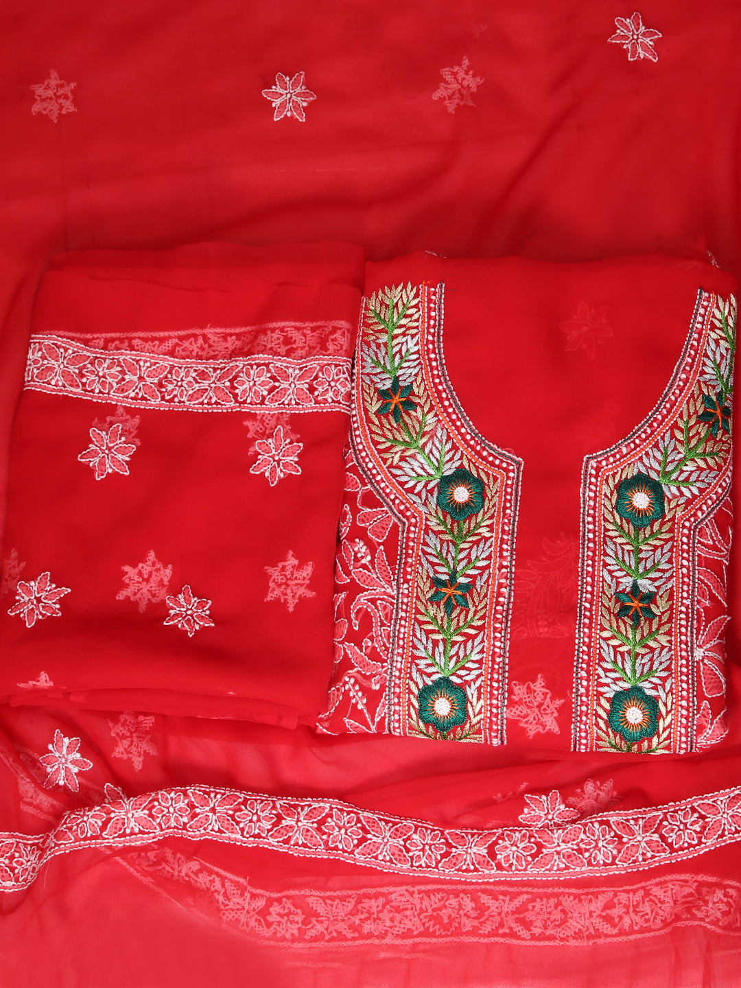 Red-&-Green-Georgette-Chikankari-Parsi-Dress-Material