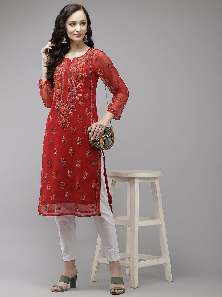 Red-&-Multicolor-Georgette-Chikankari-2-Piece-Kurta-Set