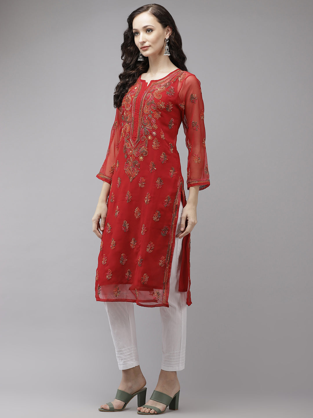 Red-&-Multicolor-Georgette-Chikankari-2-Piece-Kurta-Set