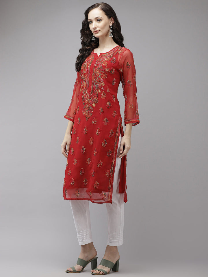 Red-&-Multicolor-Georgette-Chikankari-2-Piece-Kurta-Set