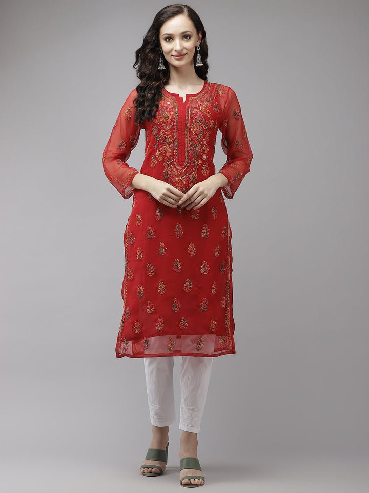 Red-&-Multicolor-Georgette-Chikankari-2-Piece-Kurta-Set