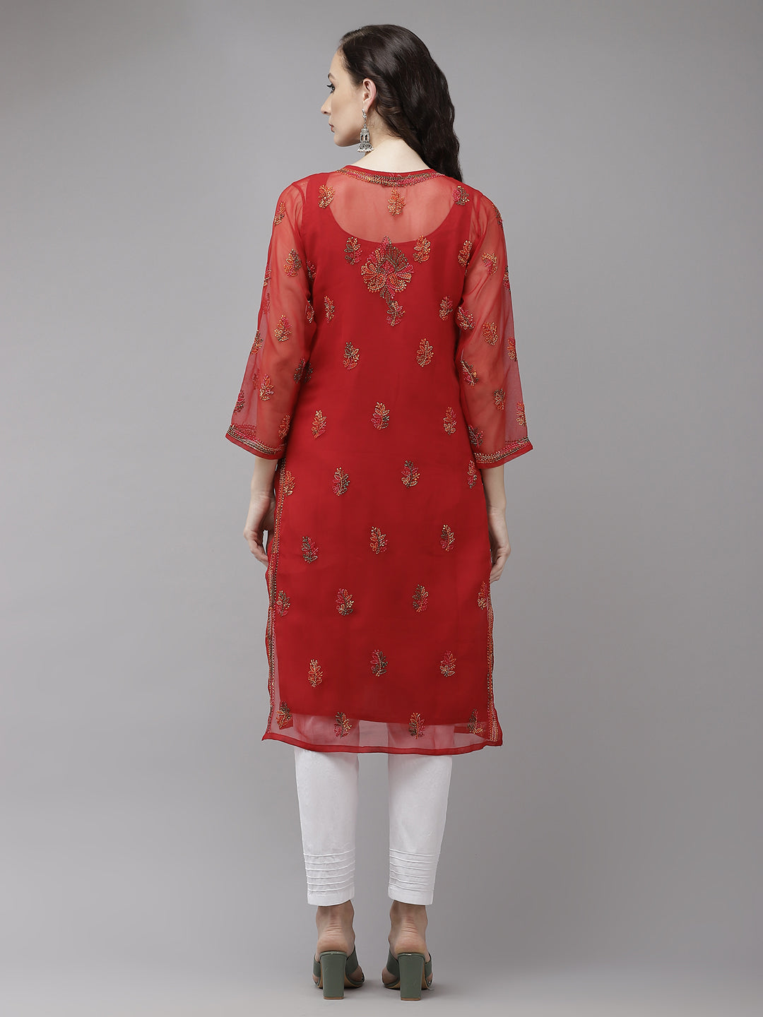 Red-&-Multicolor-Georgette-Chikankari-2-Piece-Kurta-Set